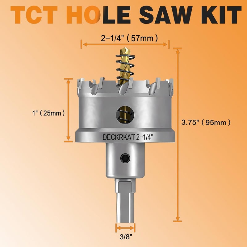 DECKRKAT 2-1/4" TCT Hole Saws for Hard Metal, Heavy Duty 57mm Tungsten Carbide Tipped Hole Cutters Set with Spring-Loaded Pilot Drill Bits for Stainless Steel, Metal, Iron, and Plastic. - Image 2